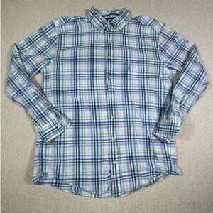 Johnnie O Men Medium Blue White Plaid Long Sleeve Button Front Casual Shirt Golf